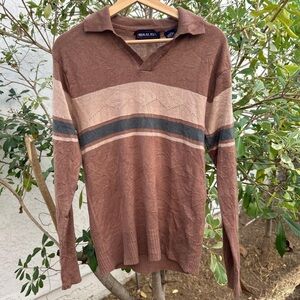 Vintage 1990s Himalaya Knit Polo Sweater Brown Tan Striped Made Taiwan L (S/M)